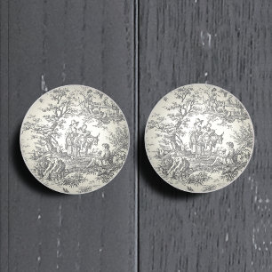 Bouton De Porte En Céramique Motif Toile de Jouy Noir et Blanc Vintage