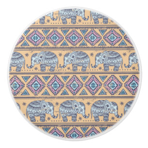 Bouton De Porte En Céramique Motif tribal Blue Ethnic Elephant