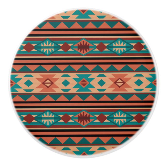 Bouton De Porte En Céramique Motif Tribal Sud-Ouest Turquoise Terracotta (Devant)