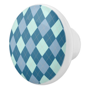 Bouton De Porte En Céramique Motif vintage Argyle bleu
