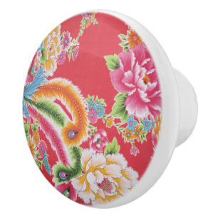 Bouton De Porte En Céramique Motif vintage de plume de paon de fleur de kimono