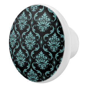 Bouton De Porte En Céramique Motif vintage turquoise et noir de damassé