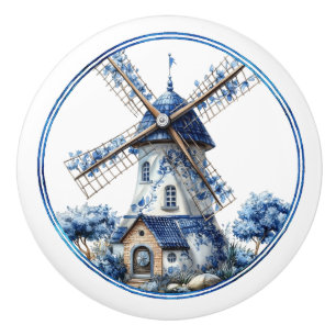 Bouton De Porte En Céramique Moulin à vent aquarelle bleu de Delft magnifique