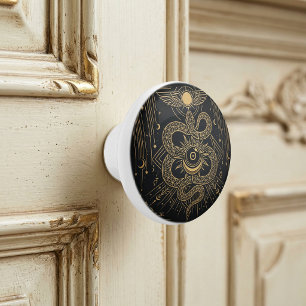 Bouton De Porte En Céramique Mystic Or Snaket Sun Astrologie Céleste Art