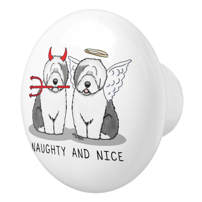 Bouton De Porte En Céramique Naughty & Nice Old English Sheepdogs (Grey 1) (Droite)