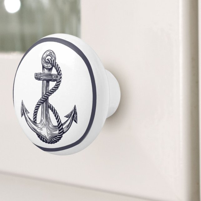 Bouton De Porte En Céramique Nautical Coastal Beach House Grey Ship Ancre (Nautical Coastal Beach House Grey Ship Anchor Ceramic Knob)