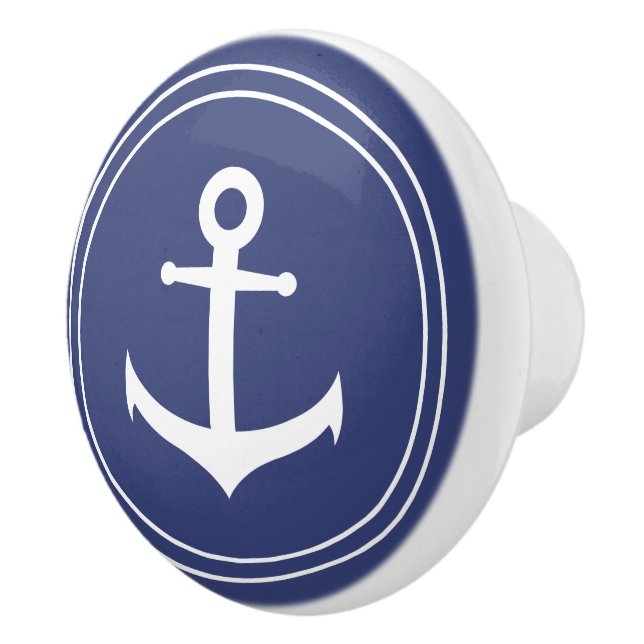 Bouton De Porte En Céramique Nautique| Ancre blanche dans le cercle bleu foncé (Droite)