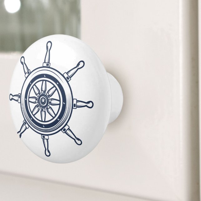 Bouton De Porte En Céramique Nautique Côte Blue Beach Maison Bateau Bateau Bate (Nautical Coastal Blue Beach House Boat Ship Wheel Ceramic Knob)
