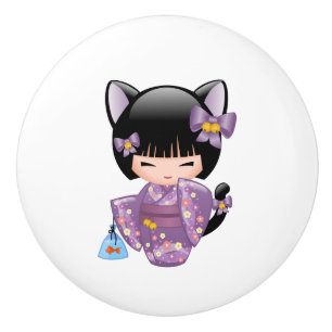 Bouton De Porte En Céramique Neko Kokeshi Poupée - Cat Ears Geisha Girl