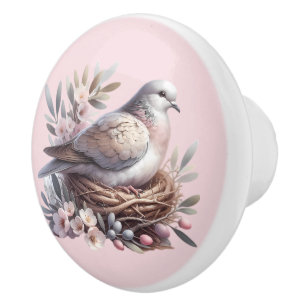 Bouton De Porte En Céramique Nid de colombe rousse avec fleurs et branches d'ol