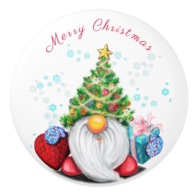 Bouton De Porte En Céramique Noël Arbre Casquette Gnome avec cadeaux Ceramic Kn (Devant)