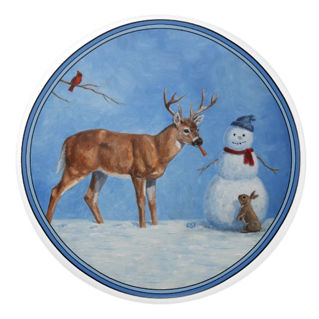 Bouton De Porte En Céramique Noël des Deer & Funny Snowman (Devant)