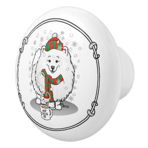 Bouton De Porte En Céramique Noël d'hiver Poméranien (blanc) Écharpe de chien N