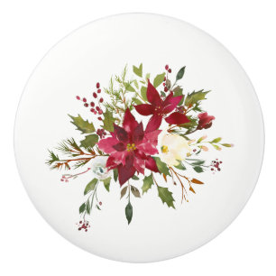 Bouton De Porte En Céramique Noël Fête Poinsettia Fleur Holly Berry