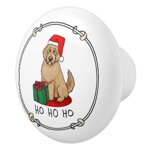 Bouton De Porte En Céramique Noël Père Noël Goldendoodle (rouge or) Chien migno