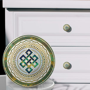 Bouton De Porte En Céramique Nœud infini chinois bleu marbre et or