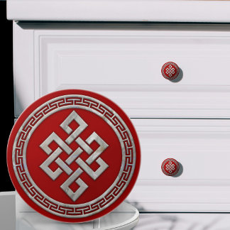 Bouton De Porte En Céramique Nœud infini chinois Perle sur fond rouge