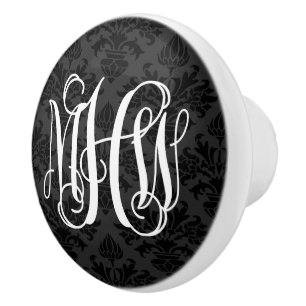 Bouton De Porte En Céramique Noir 2 Tone Damask #3 Vine Script Monogramme