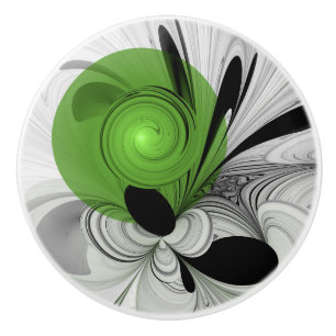 Bouton De Porte En Céramique Noir Abstrait et blanc avec art fractal vert