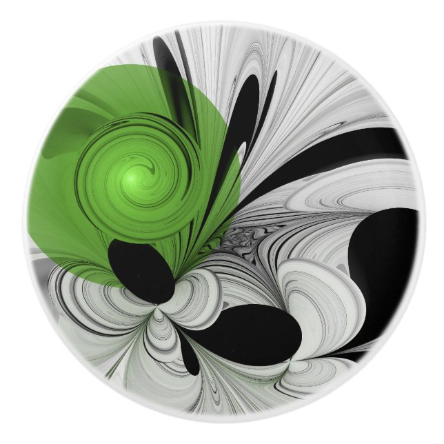 Bouton De Porte En Céramique Noir Abstrait et blanc avec art fractal vert (Devant)