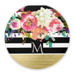 Bouton De Porte En Céramique Noir Blanc Or Moderne Floral Glamour Élégant Chic