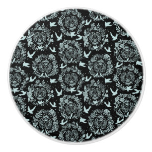 Bouton De Porte En Céramique Noir et vert menthe floral et oiseaux