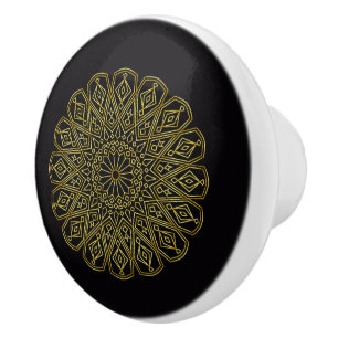Bouton De Porte En Céramique Noir & Or Arabesque Knob