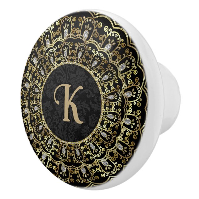 Bouton De Porte En Céramique Noir & Or Ornate Cadre Ceramic Knob (Droite)