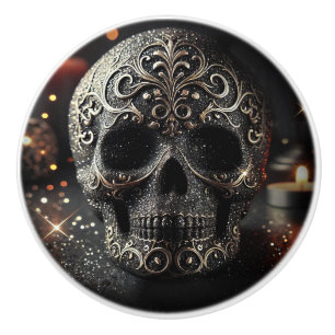 Bouton De Porte En Céramique Noir Pailleté Glam Brillant Crâne Gothique 