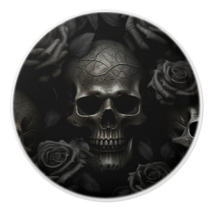 Bouton De Porte En Céramique Noir sur le crâne noir et Rose design gothique