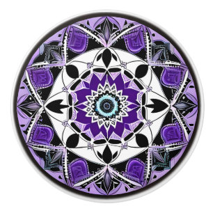 Bouton De Porte En Céramique Noir, violet et Turquoise Mandala Ceramic Knob