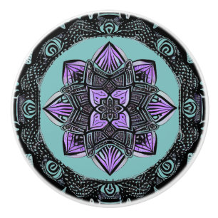 Bouton De Porte En Céramique Noir, violet et Turquoise Mandala Ceramic Knob