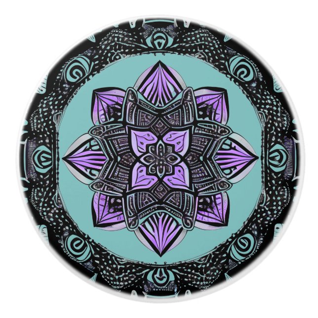 Bouton De Porte En Céramique Noir, violet et Turquoise Mandala Ceramic Knob (Devant)