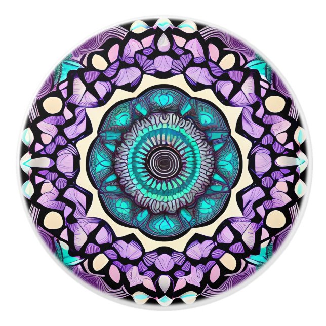 Bouton De Porte En Céramique Noir, violet et Turquoise Mandala Ceramic Knob (Devant)