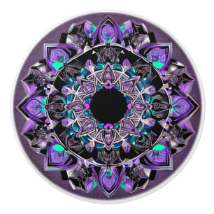 Bouton De Porte En Céramique Noir, violet et Turquoise Mandala Ceramic Knob