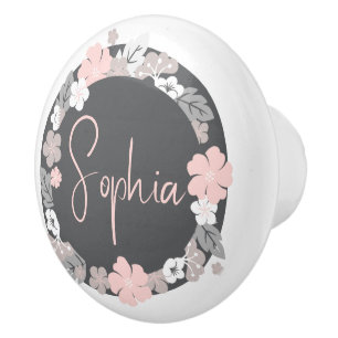 Bouton De Porte En Céramique Nom floral personnalisé rose