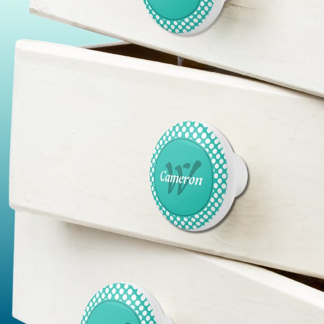 Bouton De Porte En Céramique Nom moderne initial turquoise points blancs (Modern Name Initial Turquoise White Polka Dots Ceramic Knob)