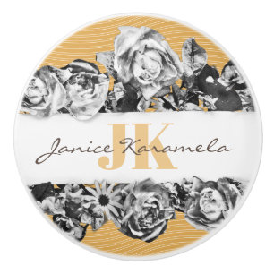 Bouton De Porte En Céramique Nom personnalisable Gold Roses Chic Monogramme Lux