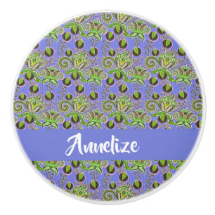 Bouton De Porte En Céramique Nom personnalisé cachemire feuille bleu