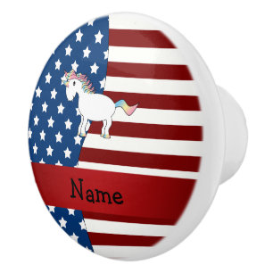 Bouton De Porte En Céramique Nom personnalisé licorne patriotique