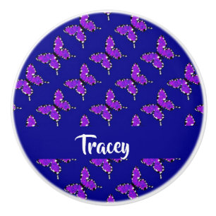 Bouton De Porte En Céramique Nom personnalisé papillons motif bleu
