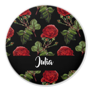 Bouton De Porte En Céramique Nom personnalisé roses rouges