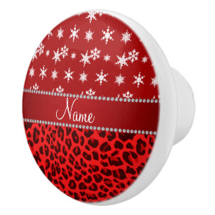 Bouton De Porte En Céramique Nom personnalisé rouge léopard rouge flocons de ne