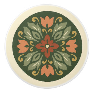 Bouton De Porte En Céramique Norvégien Rosemaling Style Cottagecore Folk Art