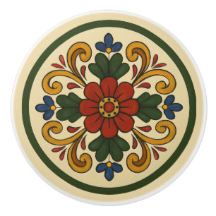 Bouton De Porte En Céramique Norvégien Rosemaling Style Cottagecore Folk Art