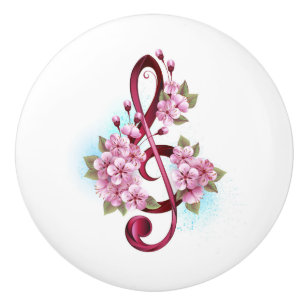 Bouton De Porte En Céramique Notes de clef musicale en treble avec des fleurs S