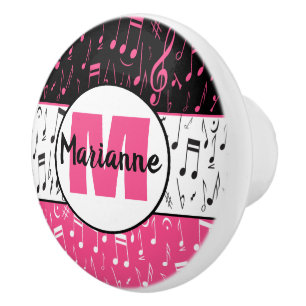 Bouton De Porte En Céramique Notes musicales en noir rose et blanc bouton en cé