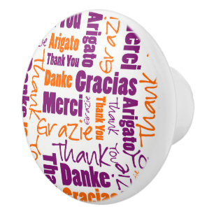 Bouton De Porte En Céramique Nuage de mots de Merci violet et orange