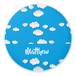 Bouton De Porte En Céramique Nuages blancs sur bleu