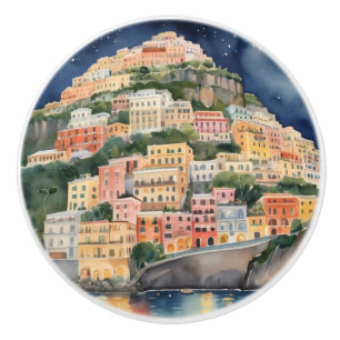 Bouton De Porte En Céramique Nuit Positano, Italie, Côte Italienne Aquarelle